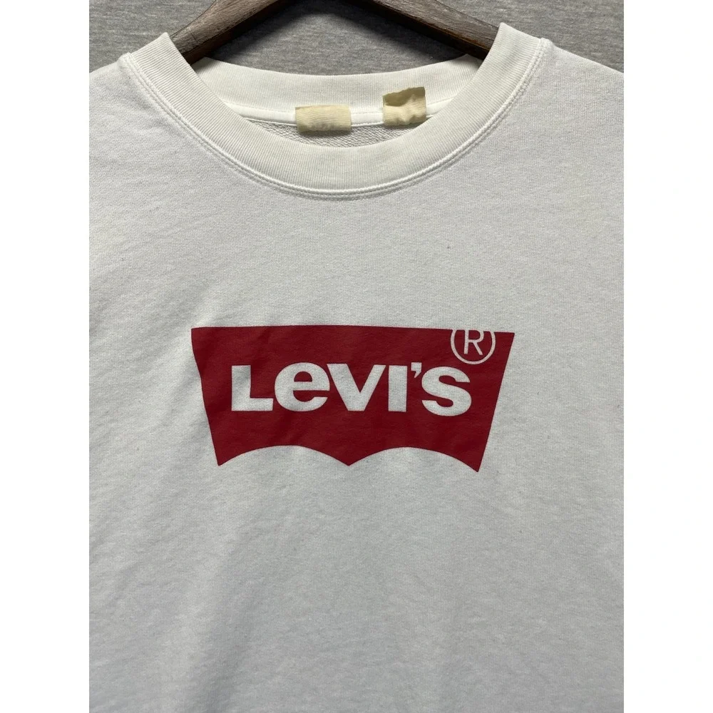 Levi's Sweatshirt Unisex Medium White Fleece Lined Classic Fit Red Batwing Logo
